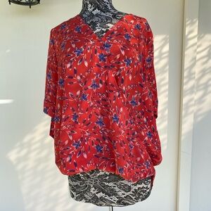 West Kei Red blouse with Blue Floral design and a Surplice Neckline Size XXL